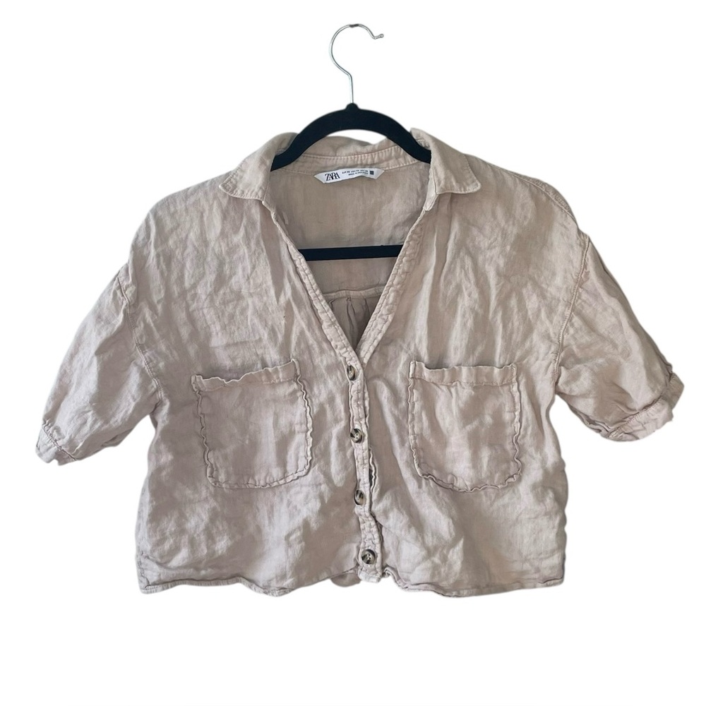 Zara Linen Light Tan Cropped Button-Up Short Sleeve Blouse XS